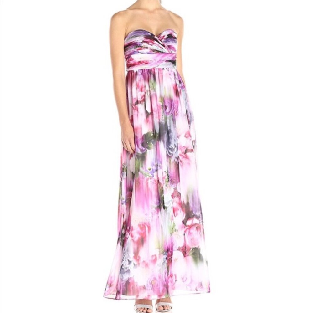 Aidan Mattox Strapless Watercolor Floral Gown Ruched Size 2